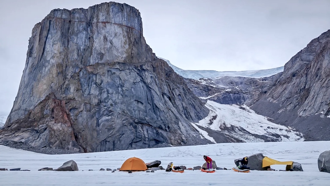 Camp on the Coronation Glacier, with Mini-Asgard in the background. The 2025 team made two attempts on the formation, succeeding with the first ascent near the end of their expedition. 