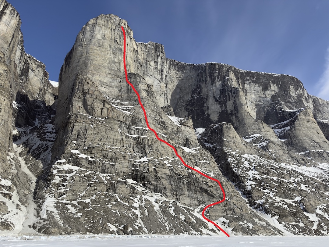The west face of Sikunga Mountain, showing the line of Sikunga Express. The gain from the sea ice to the top of the main wall was about 975 meters. 