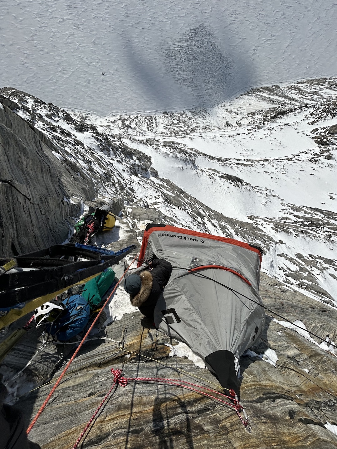 The team at their “Sky Palace Bivy” on day 15 of the ascent of Sikunga’s west face. 
