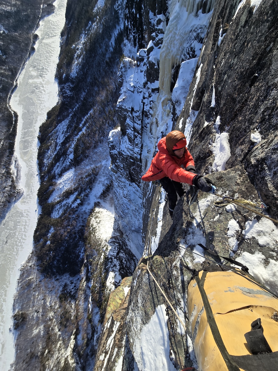 Patrick Brouillard cleaning a pitch on day five with the river far below. 