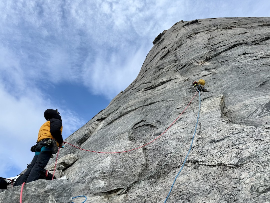 Heather Smallpage starting up the headwall about halfway up Lemnos in the Clouds on Eglinton Tower.