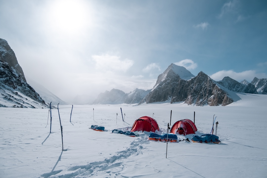 The team’s camp on the Fork Beard Glacier with Inutuaq (1,637m) in the center right of the photo. 