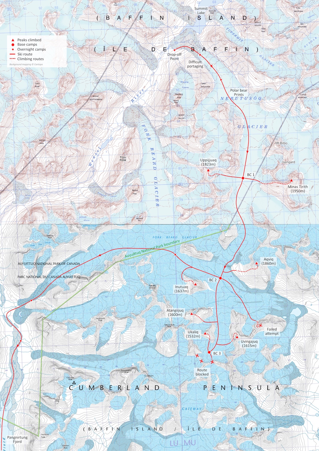 A map showing the team’s drop-off location at Summit Lake, the peaks they climbed, and their final route taken exiting the sea ice to the Pangnirtung Fjord. 