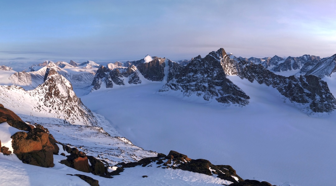 Looking toward the southeast from the summit of Minas Tirith (1,950m) with many unclimbed peaks and walls behind. 