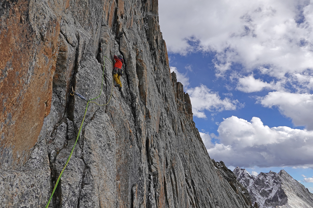 Luka Lindič traverses the headwall during the first ascent of Grad Kristalov on Peak 5,600m