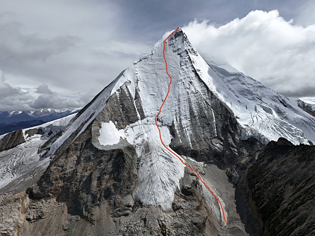 The north face of Guoraka Ri (6,548m) and the route climbed to the north summit.