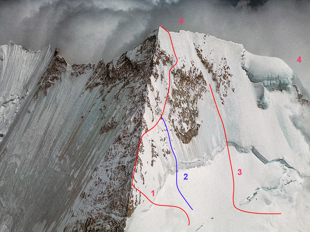 Kangmi Kangri (6,412m) from the northwest, seen across the upper Karaqangjing Glacier. (1) Northwest ridge and northwest face (2024). (2) Descent route. (3) Northwest face attempt (2001). (4) South-southwest ridge (2001). The routes gain about 350 meters above the upper glacier. 
