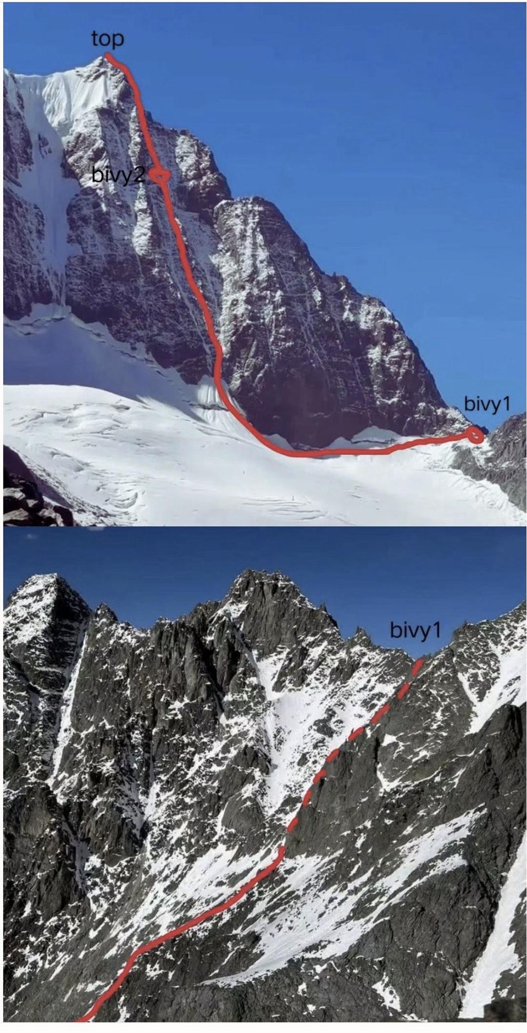 The new route Safe Return Home on Lotus Flower Mountain. The col and site of the bivouac in the upper picture were reached via a line on the west face of the mountain (lower picture). 