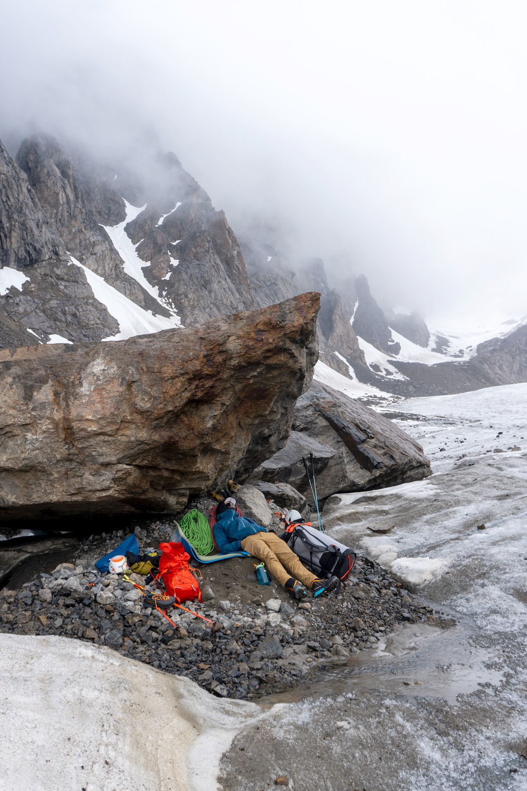 Waiting for rain to pass on the glacier.  