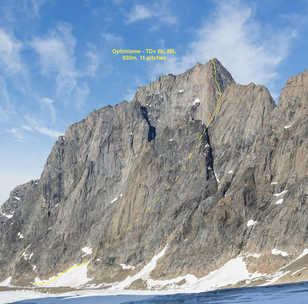The line of Optimisme (930m, TD+ 6b M5); the route began with a long snow couloir (hidden), followed by rock climbing up the north ridge. 