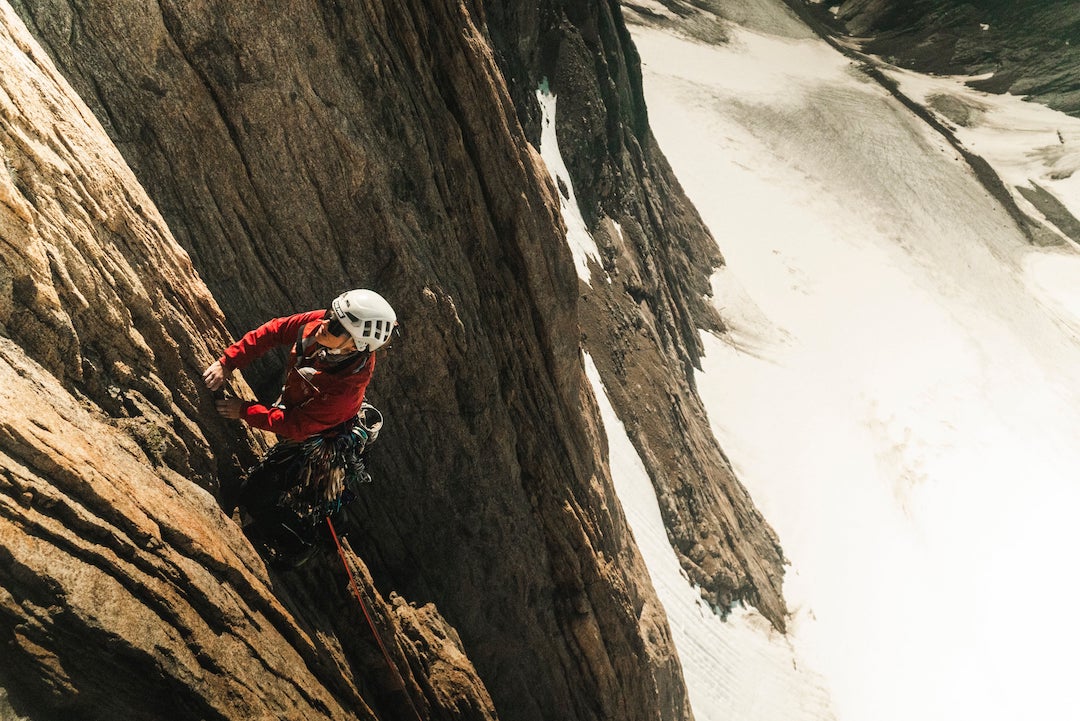 Gianna Müller leading a pitch on Ilumorpooq. A few days later, other team members opened a second route up the same face. 