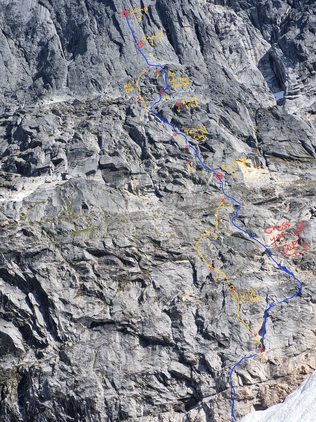 Detail of the upper wall on Big Kumara, northwest face of Ulamertorssuaq. Drag the photo to the desktop to enlarge. 
 
