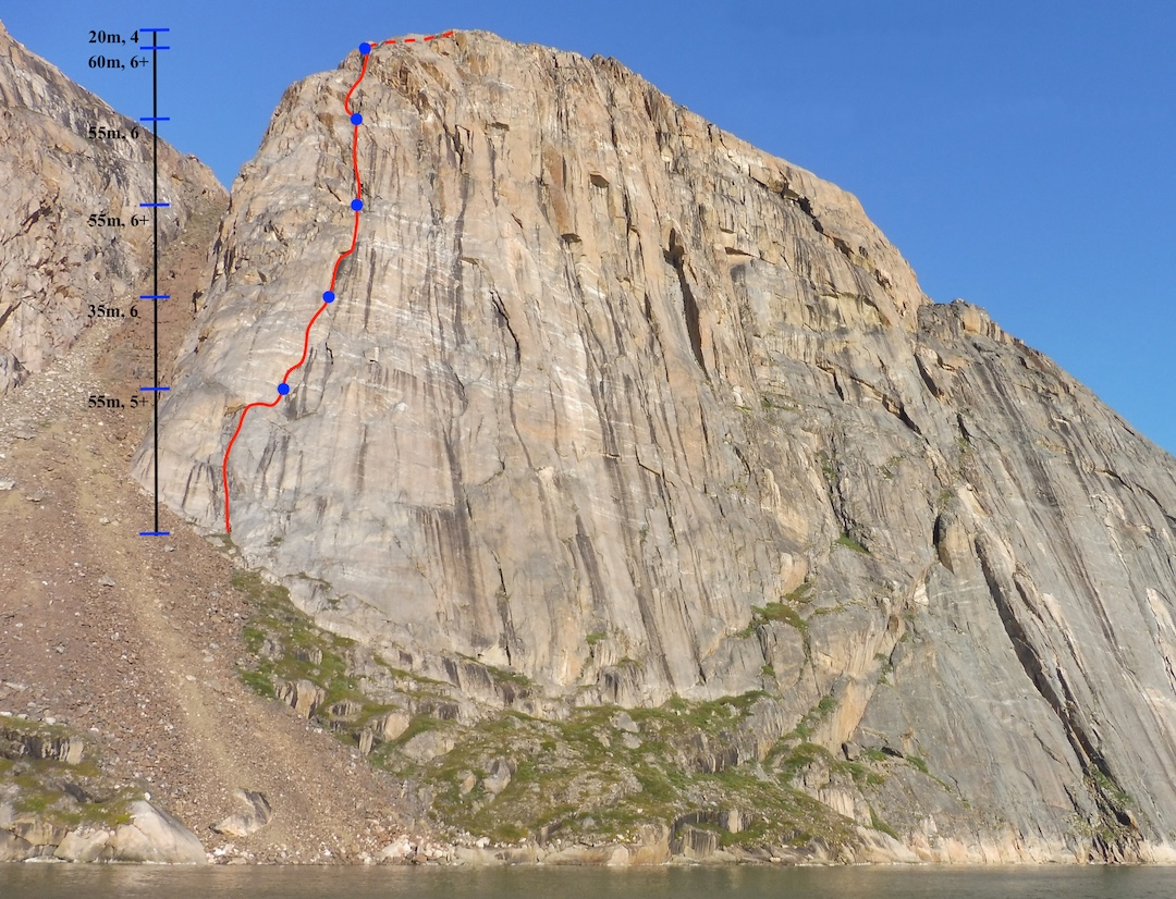 The line of Sardinka (280m, VI+) on Saningassoq Island. 