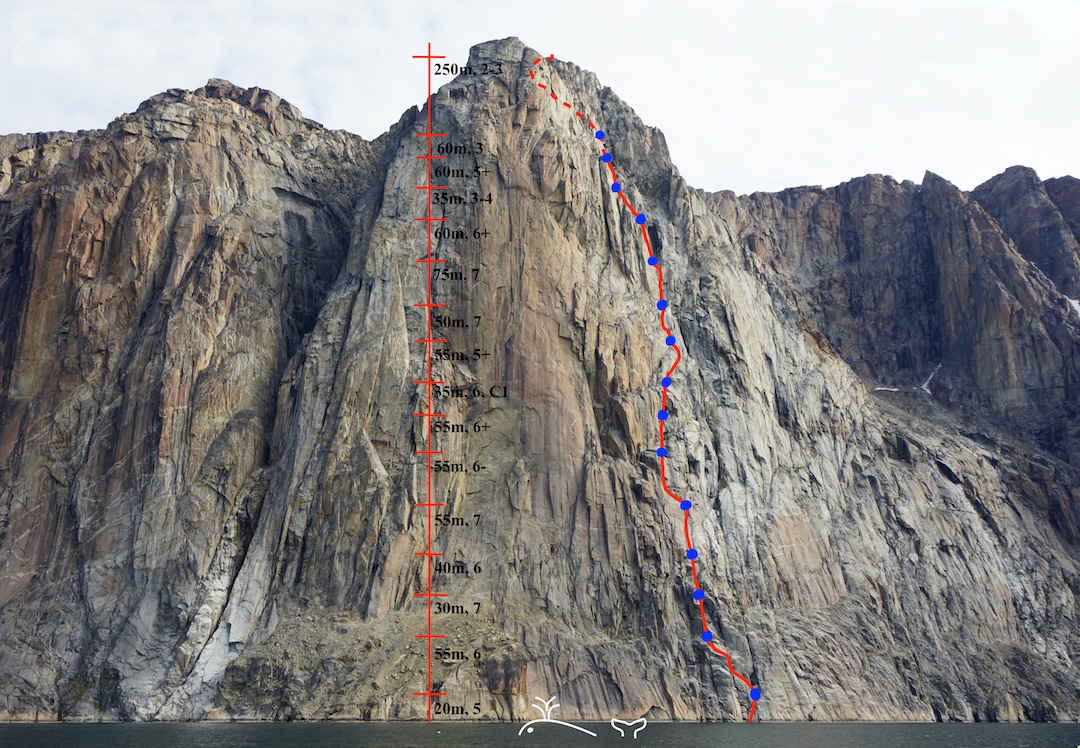 The line of Veľryba (“Whale,” 800m, 15 pitches, VII C1) on Kangeq Island. 
