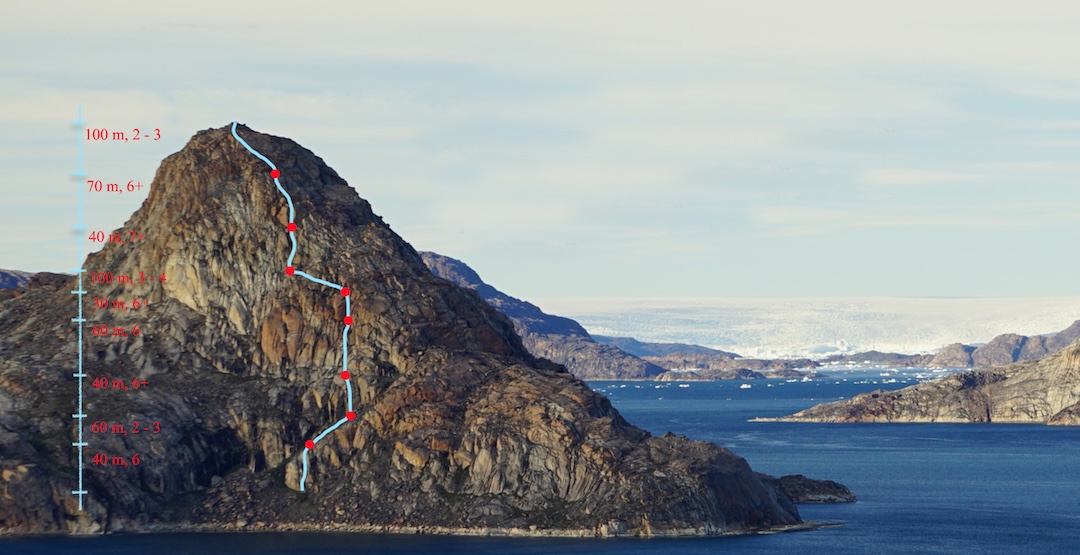 The line of Tulene (350m, VII+) on Nutaarmiut Island. 