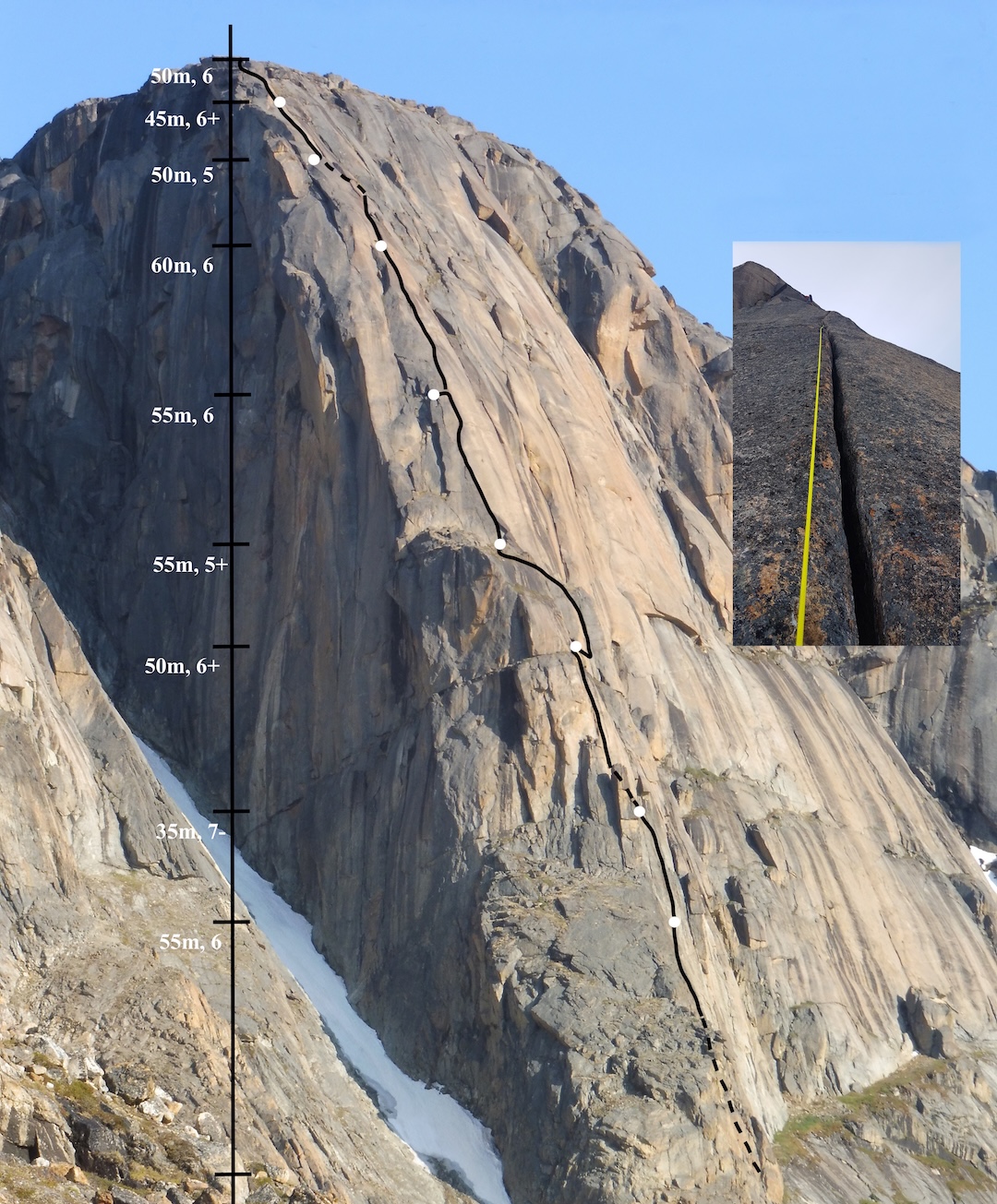 The line of Insomnia (455m, VII-) on Qavdlunad Island. 