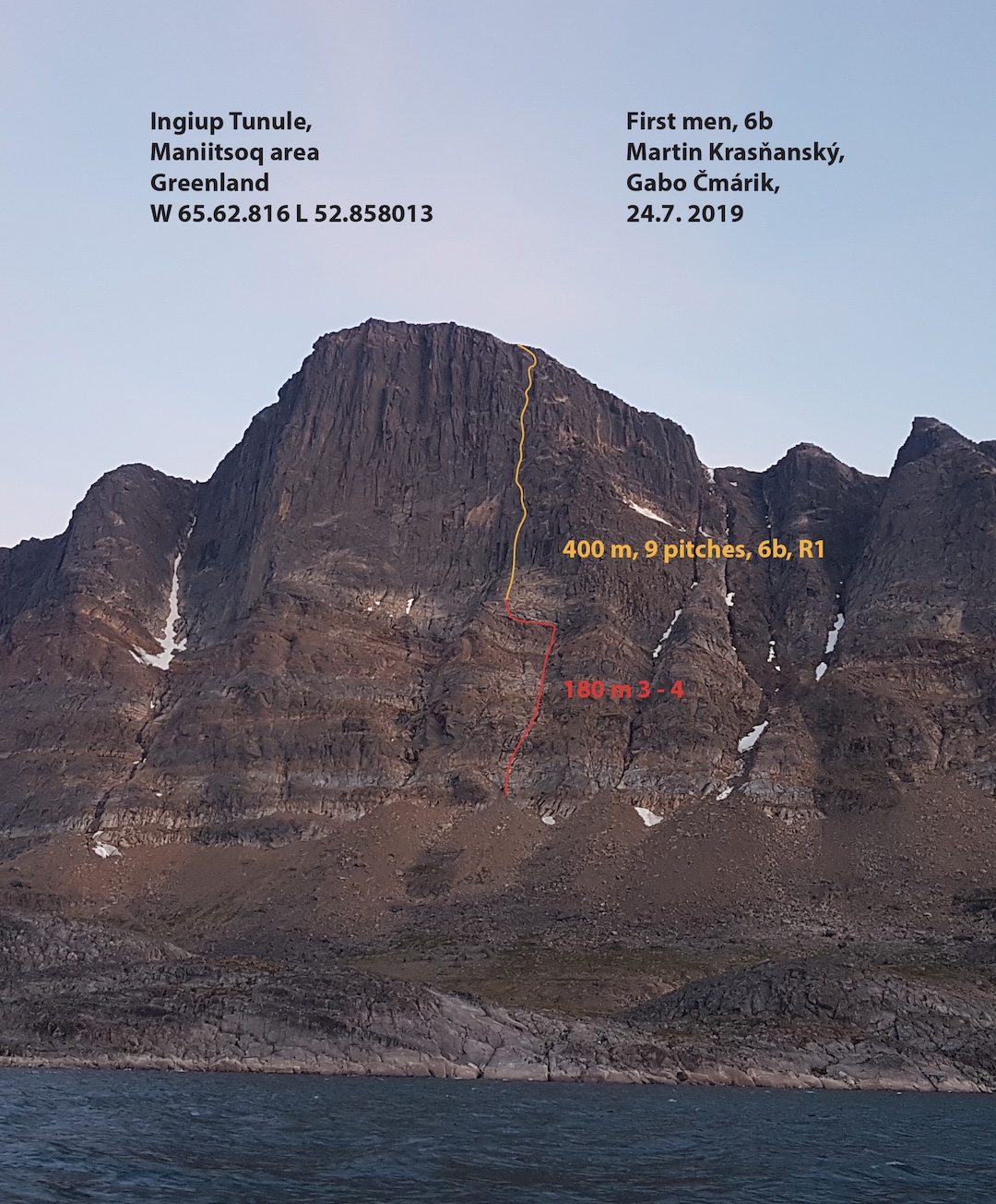The line of First Men (400m, 6b) on Sermersuut Island, Maniitsoq area. 