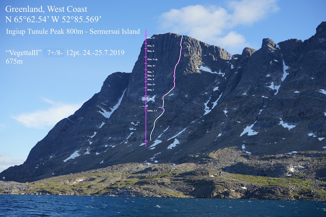 The line of VegettaIII (425m, VII+/VIII-) on Sermersuut Island. 