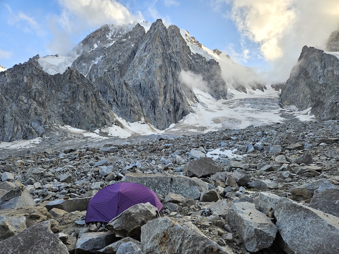 View of Chegem (4,351m) from the 2024 team’s bivouac, with the northeast buttress prominent in center. 