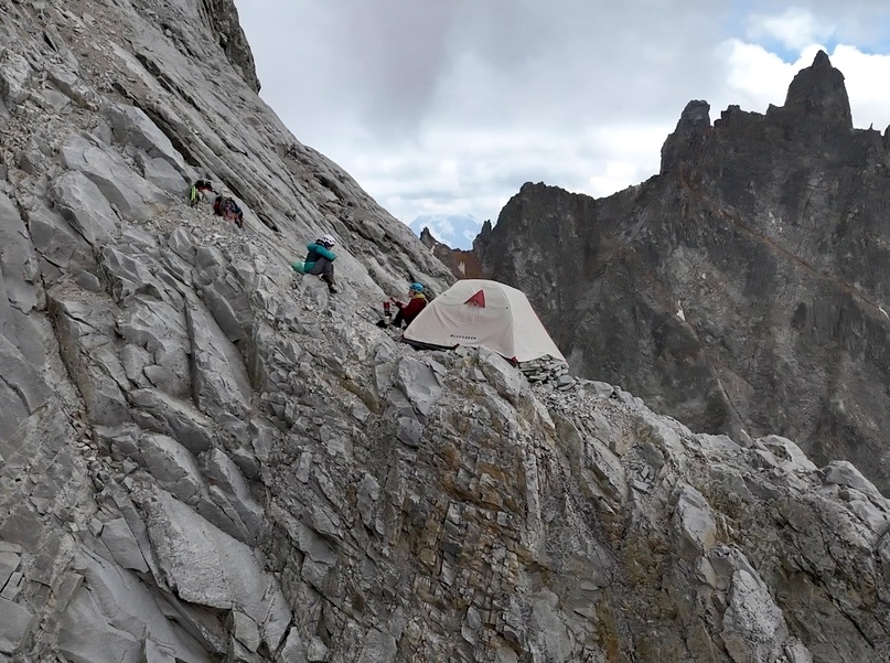 Bivouac on the Myshlyaev Route, southwest face of Ushba South.