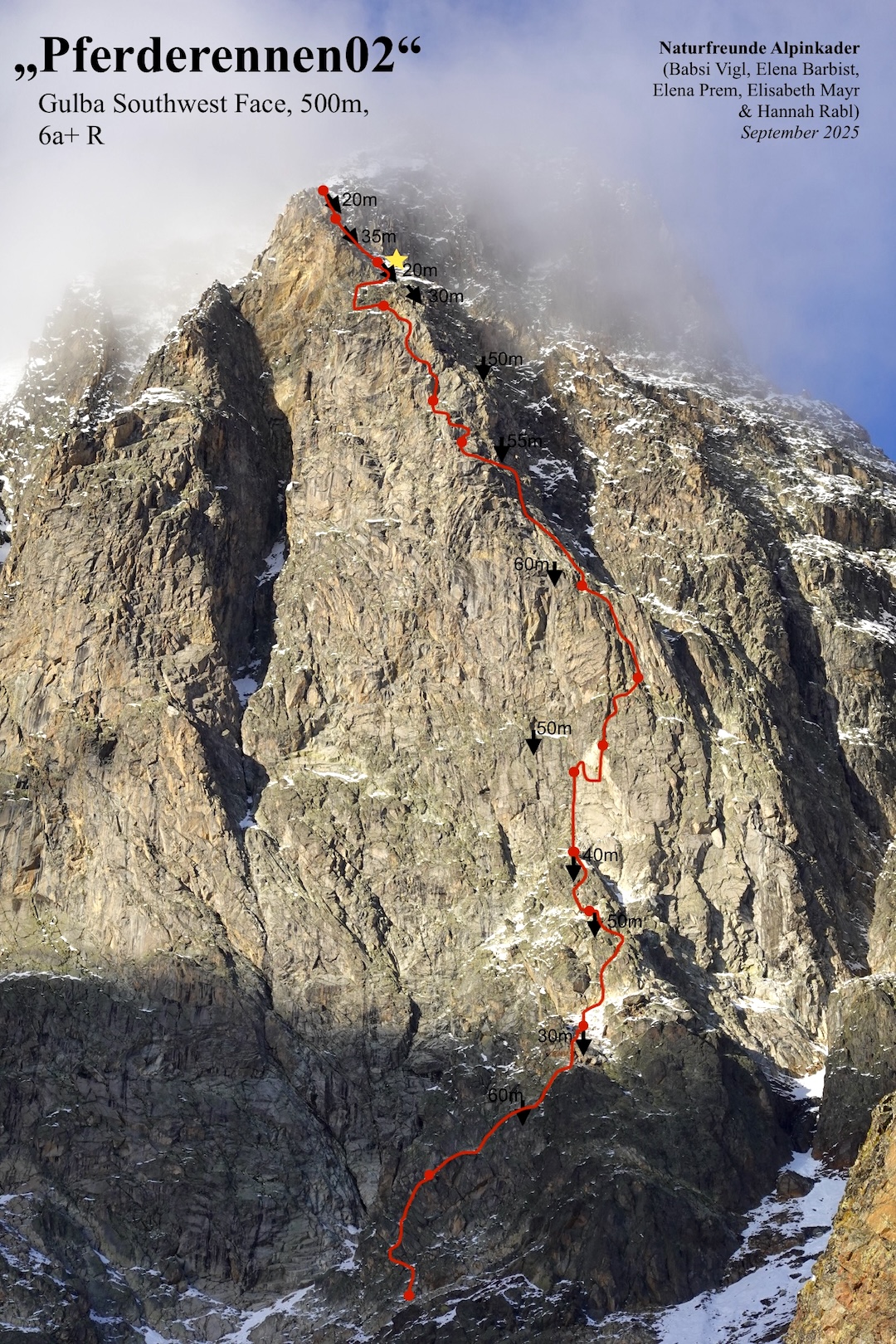 The new route Pferderennen02 on the southwest face of Gulba. 