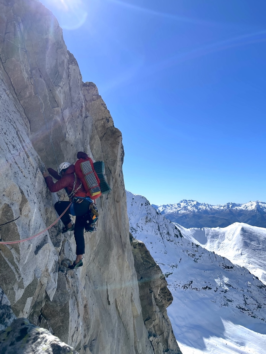 The 6a traverse to overcome the rockfall scar partway up the route.
