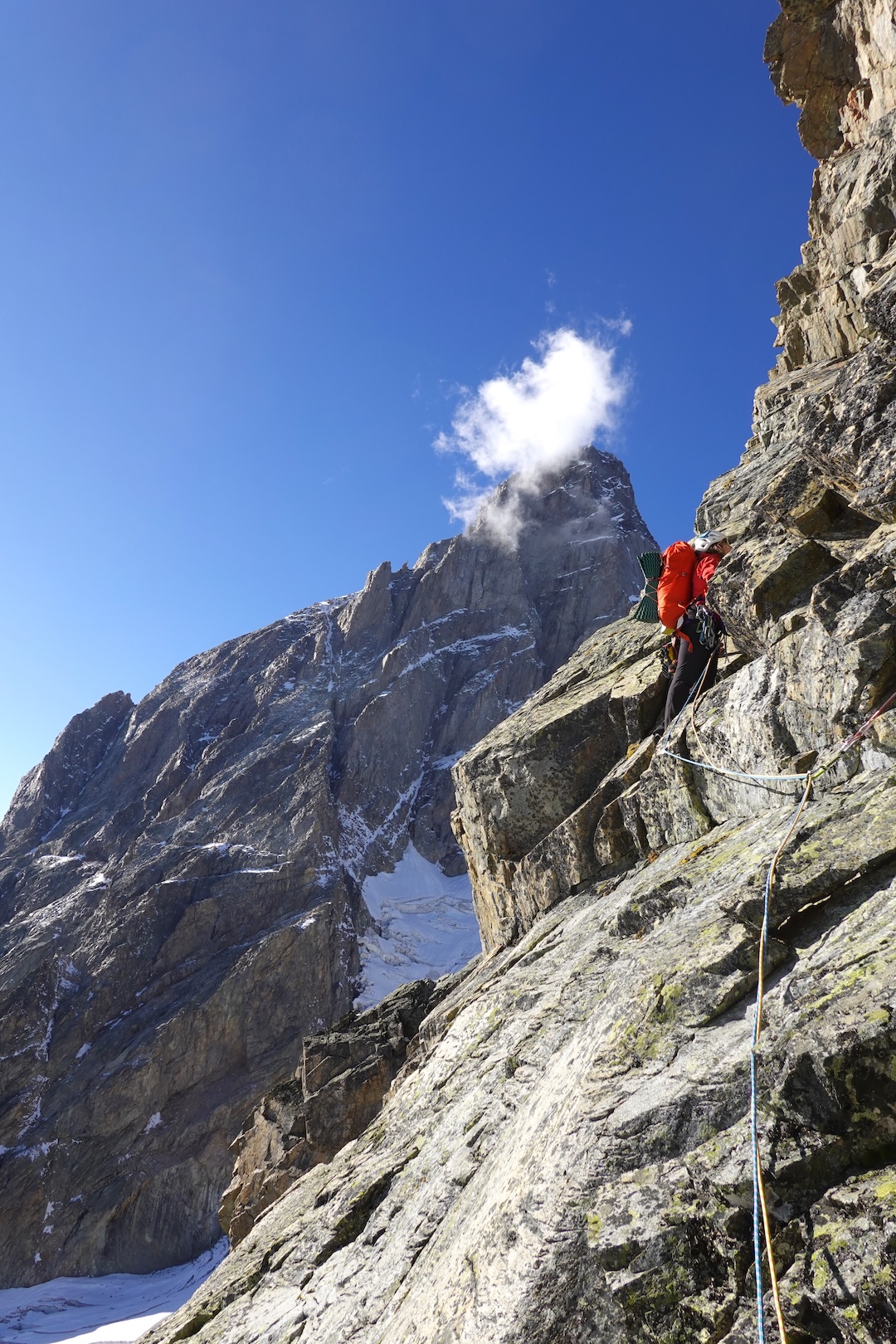 The final pitch to the bivy on Gulba, not far below the end of the new route Pferderennen02, with part of Ushba in the background. 
