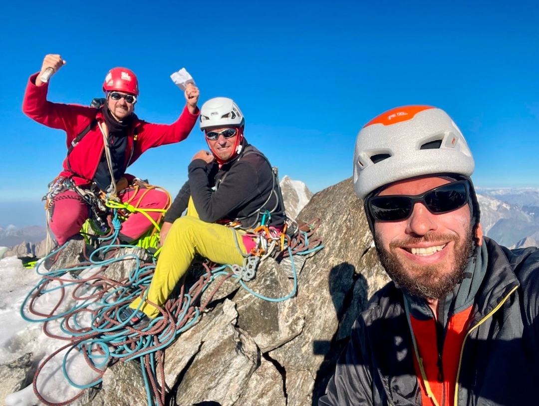 The team on the summit of Mizhirgi West (5,018m). Left to right: Ivan Koblyakov, Alexander Sokolov, Ivan Kuchkin.