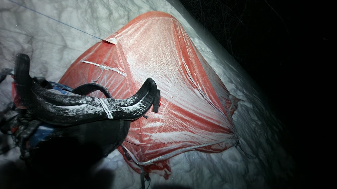 The avalanche-plagued bivouac on Shkhara.
