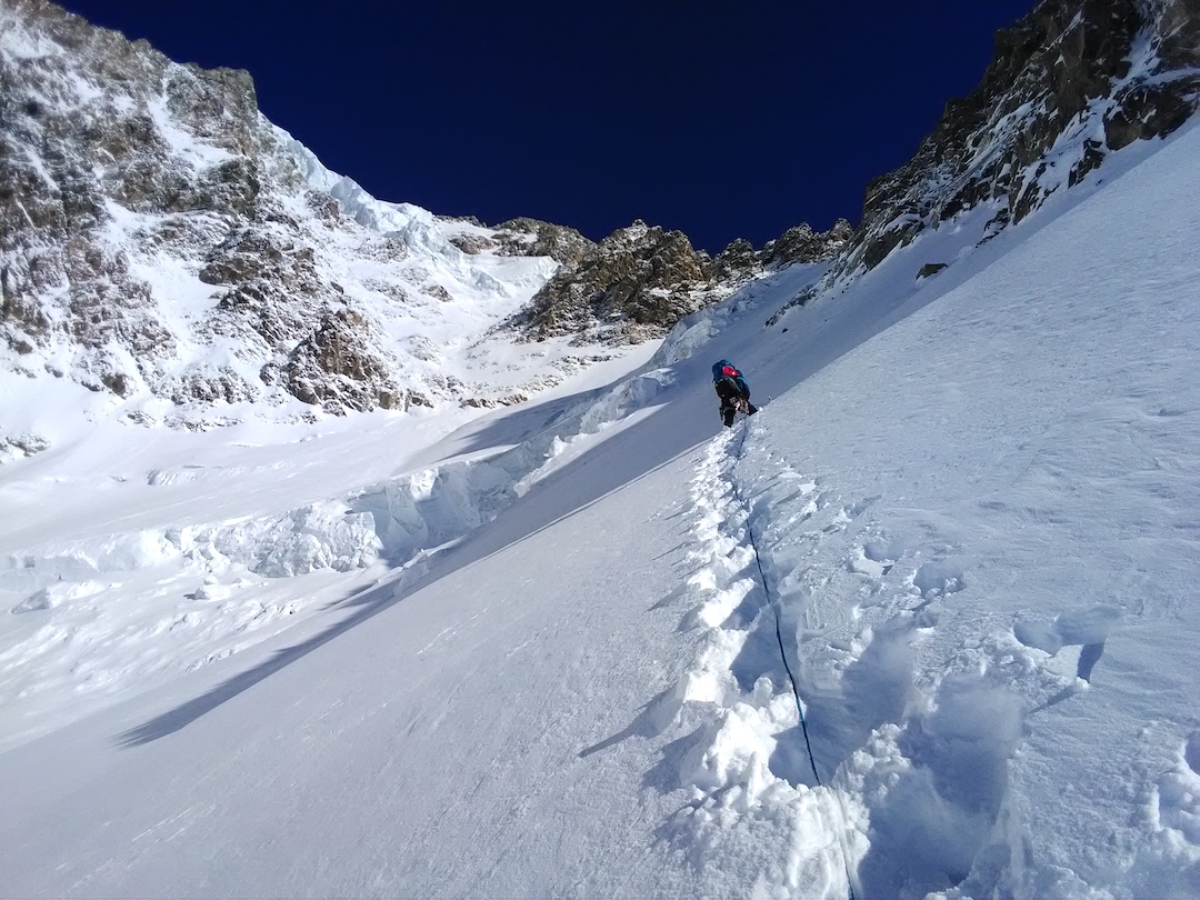Dávid Kocsis breaking trail during the second day on the wall. 
