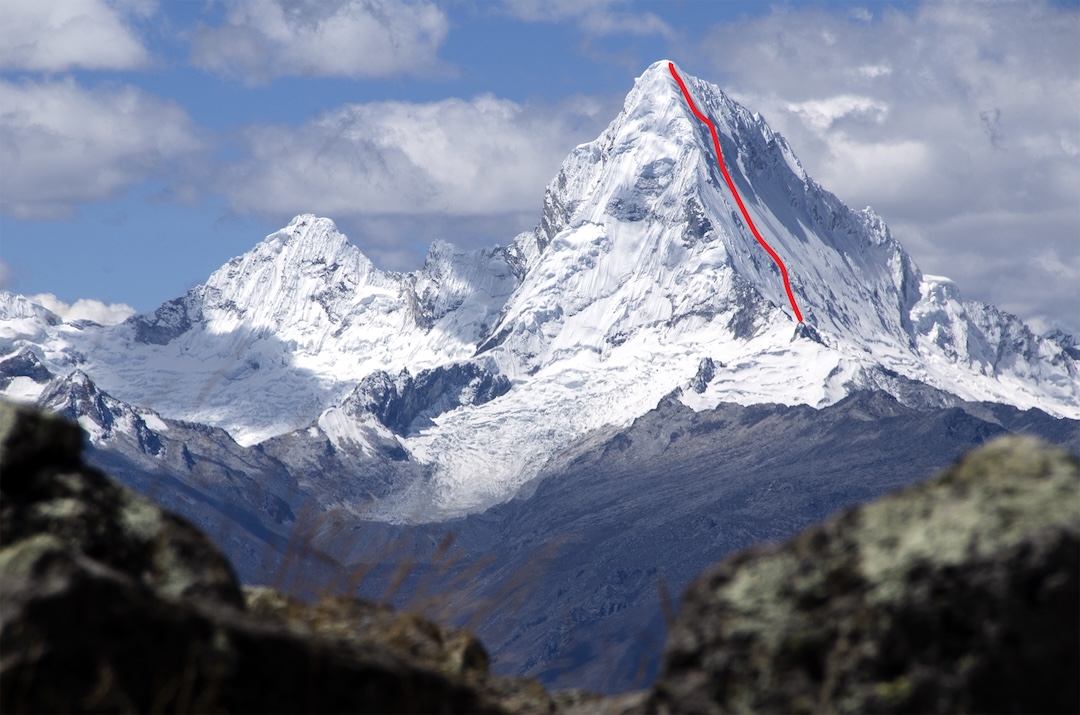Nevado Santa Cruz (6,259m), with the approximate line of Illegal (2025) on the south face. The southwest ridge of Nevado Santa Cruz, first climbed in 1980, faces the camera. Santa Cruz Chico is to the left. 
