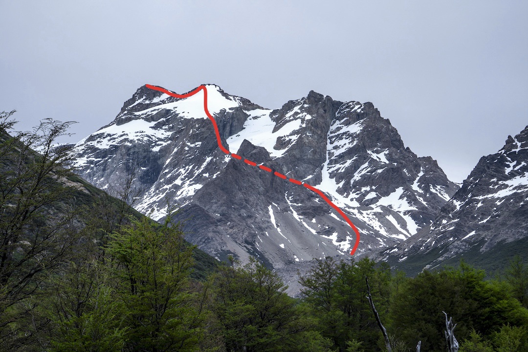Cerro Brechón with the route climbed in November 2025 via the northeast ridge. 