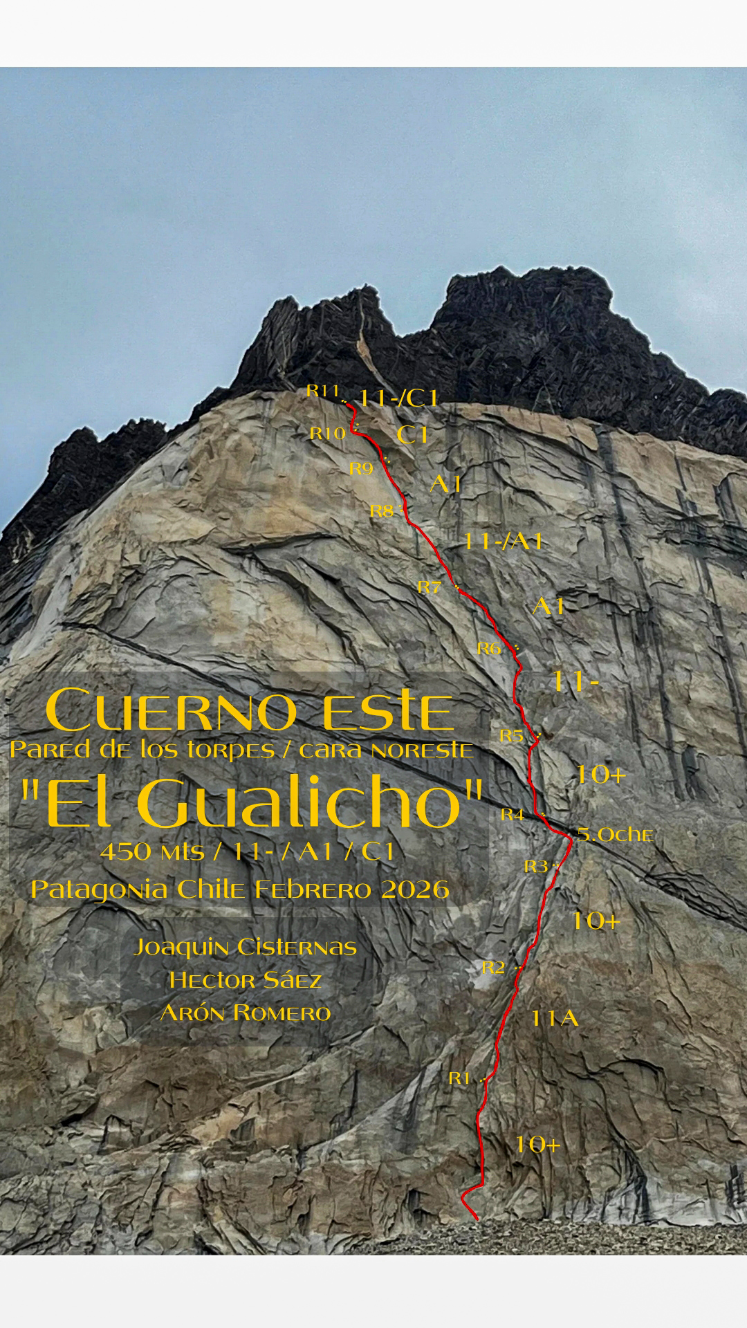 Topo for the new route Gualicho on the northeast face of Cuerno Este.