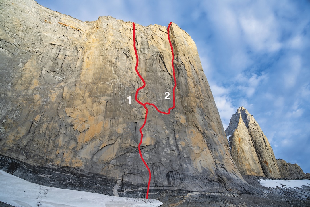The east face of Cerro Cota 2000 with (1) Osa ma non Troppo (2007) and (2) Echoes in the Dark (2026). The new route started with the first six pitches of Osa ma non Troppo, then moved right. The peak on the right is Cerro Catedral. 