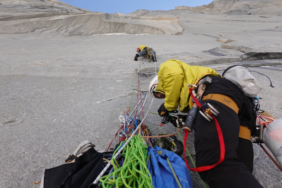 Climbing the first part of Echoes in the Dark, shared with the 2007 route Osa ma non Troppo, on the east face of Cerro Cota 2000.