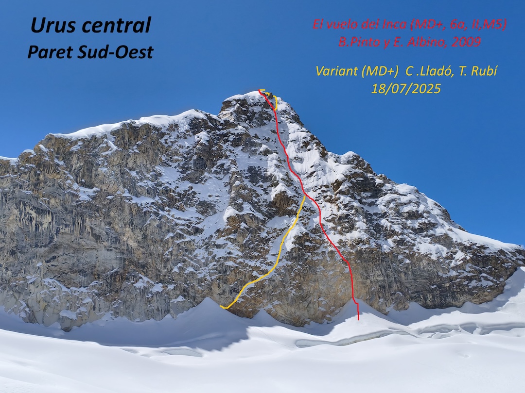 Urus Central (5,495m), showing El Vuelo del Inca (2009) in red and the 2025 variation in yellow.