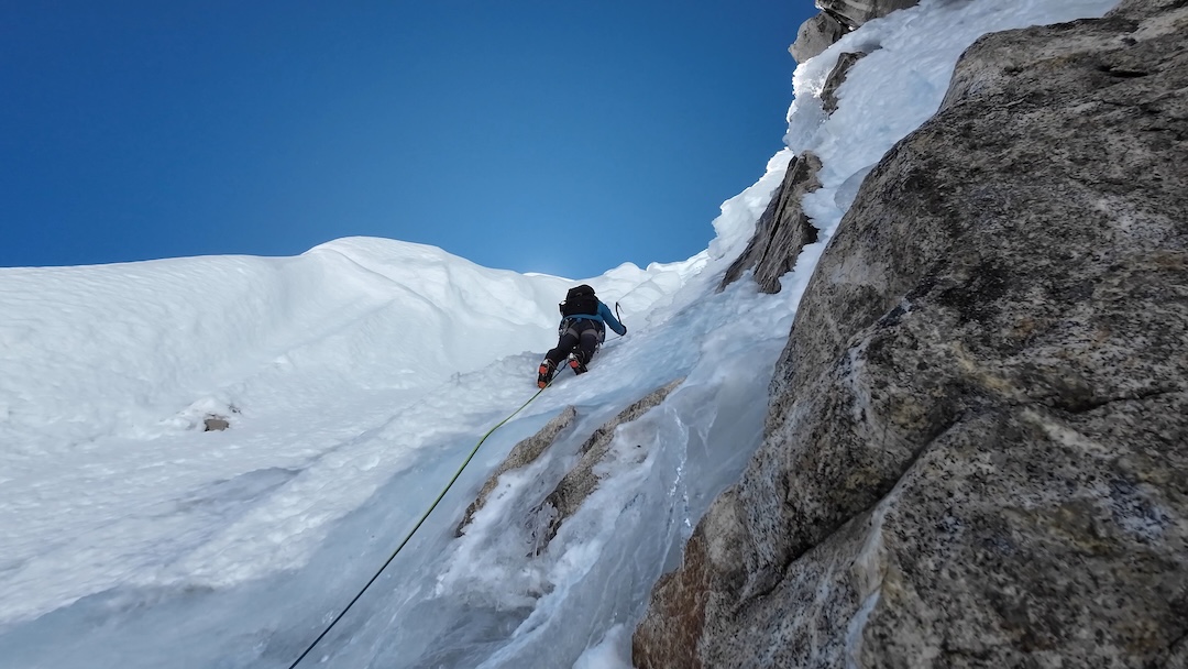 Miquel Angel Lorente leading on the central part of the west face of Santa Cruz Chico. 