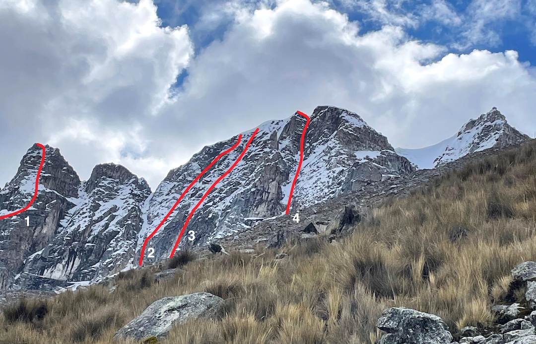 The south side of Urus Oeste (5,450m) and its neighbors. (1) Upper part of Suspiro del Quenual (2025) on Urus Oeste II. (2) Vuelta Austral (2025). (3) Mi Carnal (2025). (4) Hanan Pacha (2022). All routes on Urus Oeste reached the summit and descended snow to the right of the peak. 