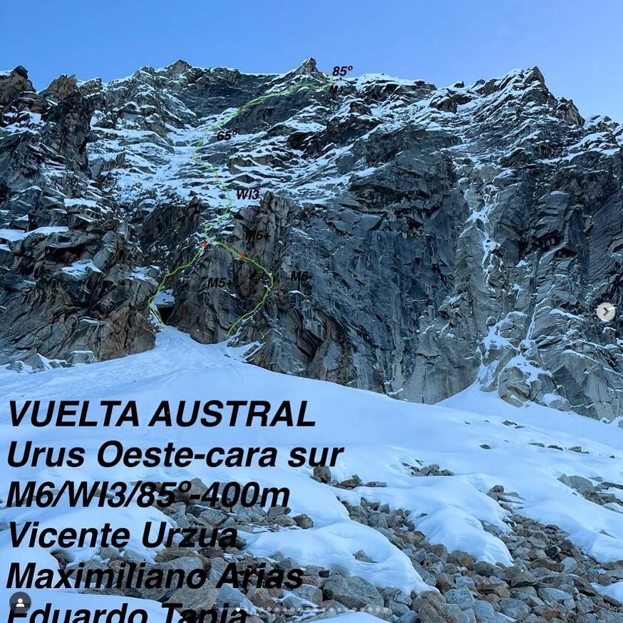 Vuelta Austral on the south face of Urus Oeste, showing both variations of the first pitch.
