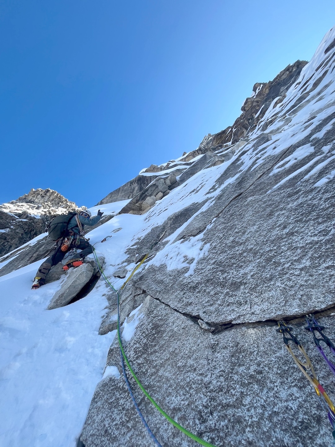 Maximiliano Arias on pitch six of Vuelta Austral, where the snow became less cohesive and protection scarce. 