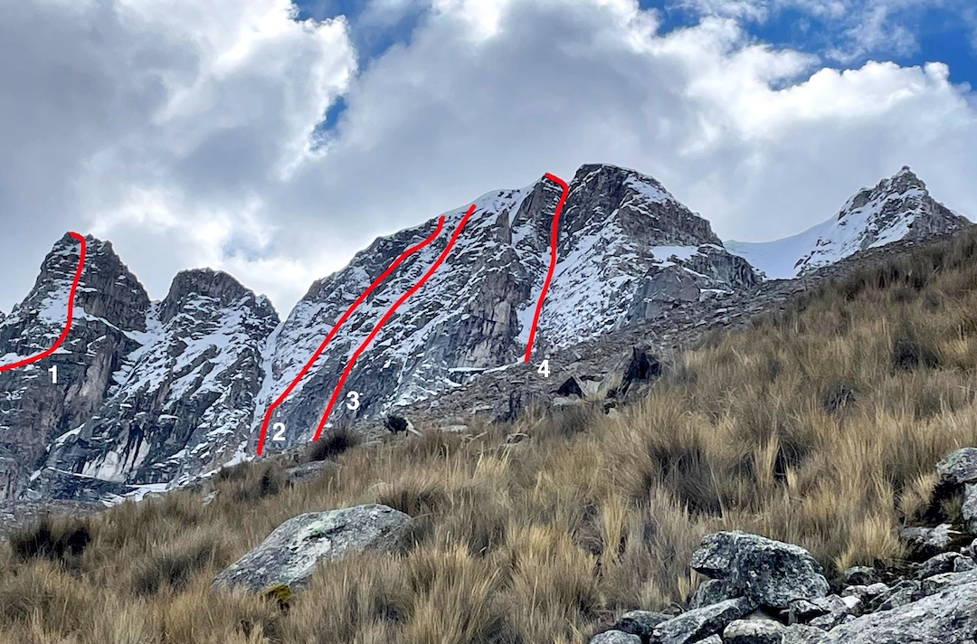 The south side of Urus Oeste (5,450m) and its neighbors. (1) Upper part of Suspiro del Quenual (2025) on Urus Oeste II. (2) Vuelta Austral (2025). (3) Mi Carnal (2025). (4) Hanan Pacha (2022). All routes on Urus Oeste reached the summit and descended snow to the right of the peak. 