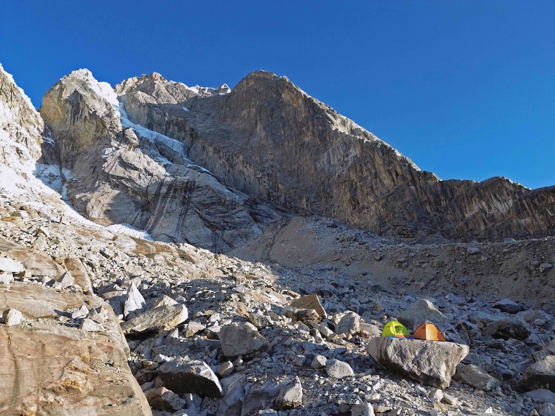 The team’s base camp, set on the only flat rock in the moraine. 