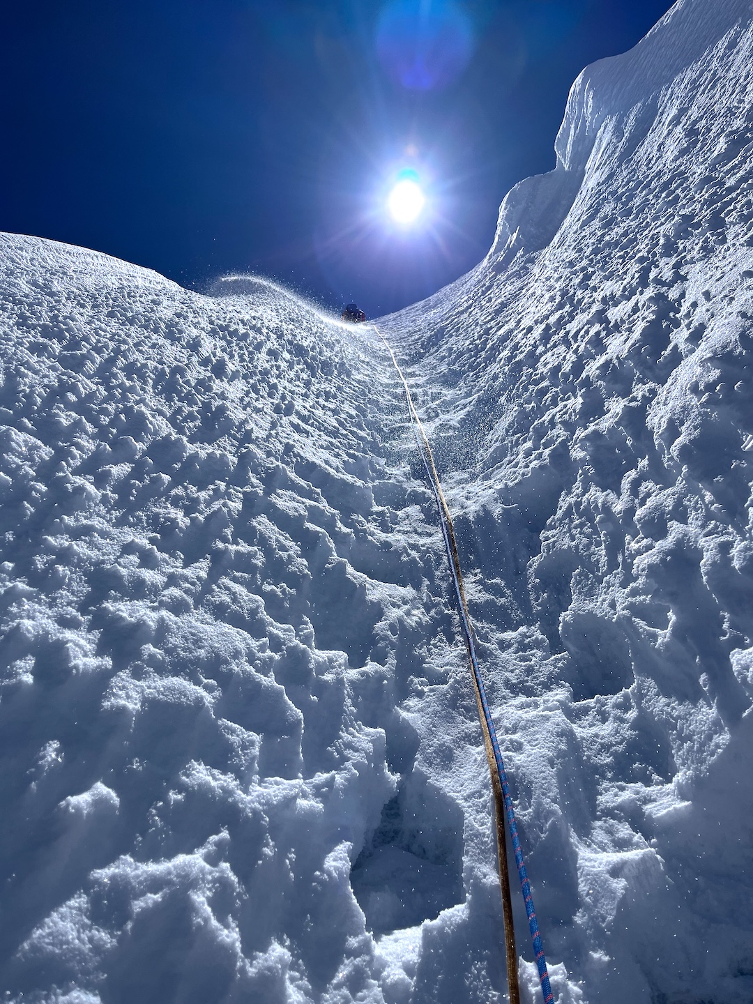 Nate Heald leading the final pitch of the south face of Palcaraju to the summit ridge. 