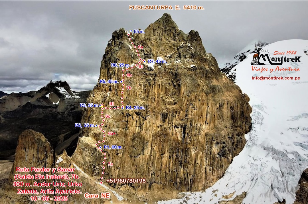 Topo of the 2025 route Galdu Eta Irabazi on the north side of Puscanturpa Este.