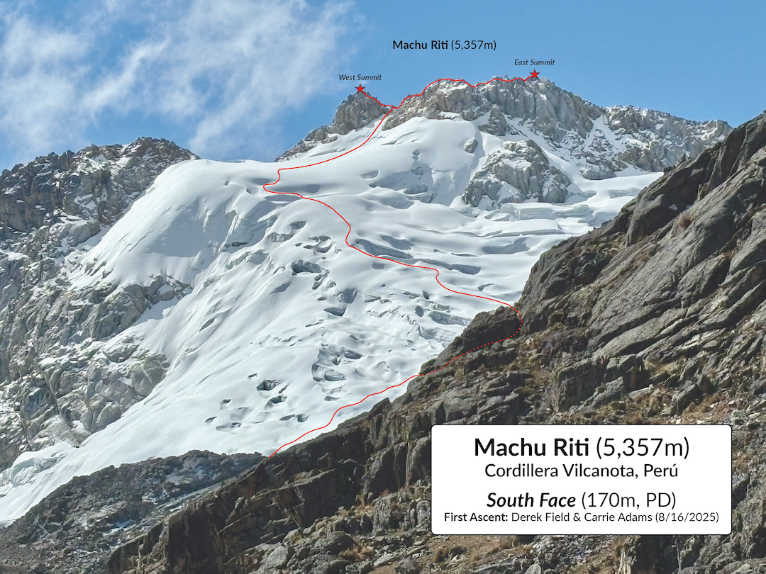 Looking across at the south face of Machu Riti from the northern slopes of the adjacent peak, Ananta, showing the line of the route taken. 