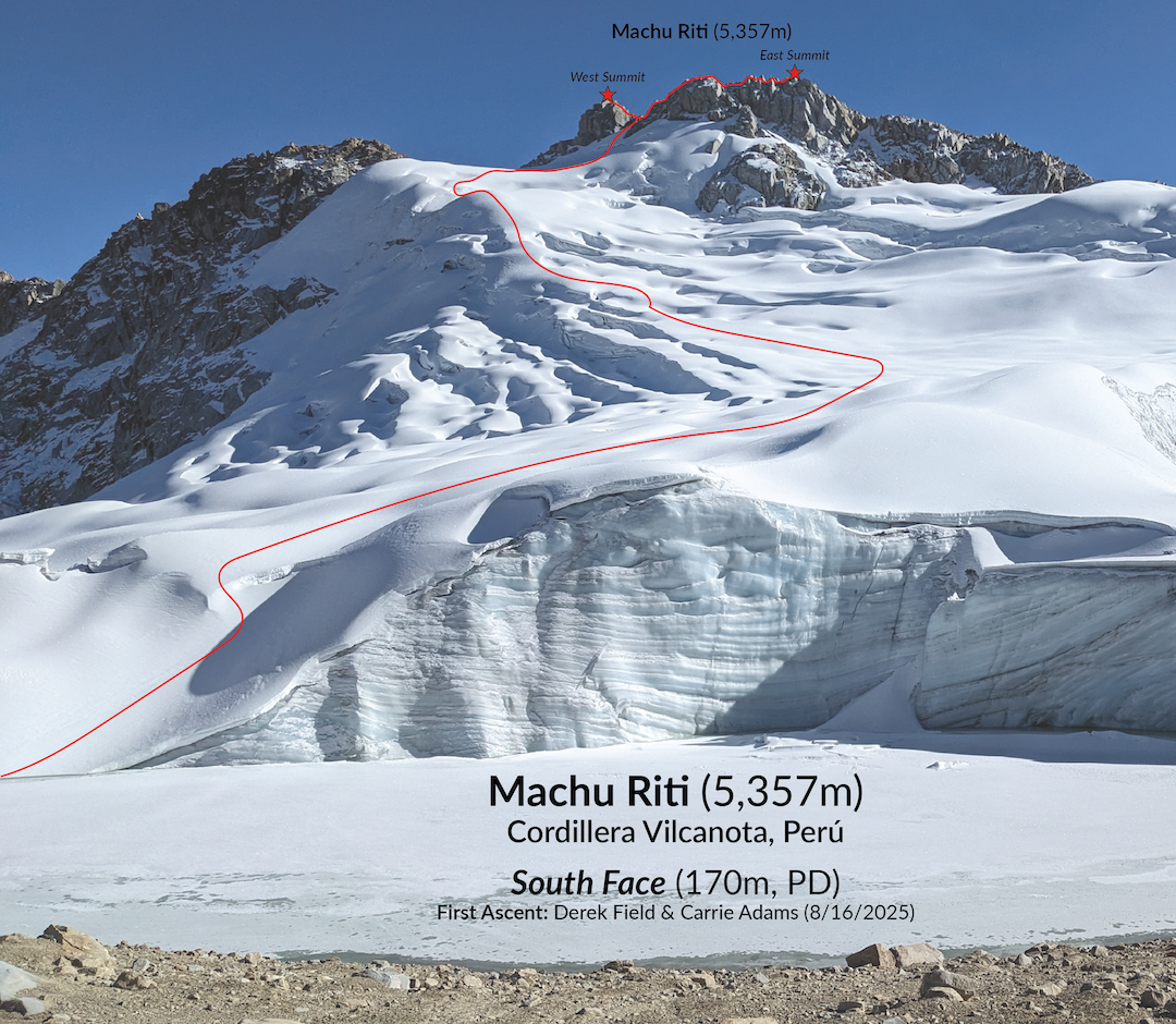 Looking up from the toe of the glacier at the south face of Machu Riti, showing the line of the route taken. 