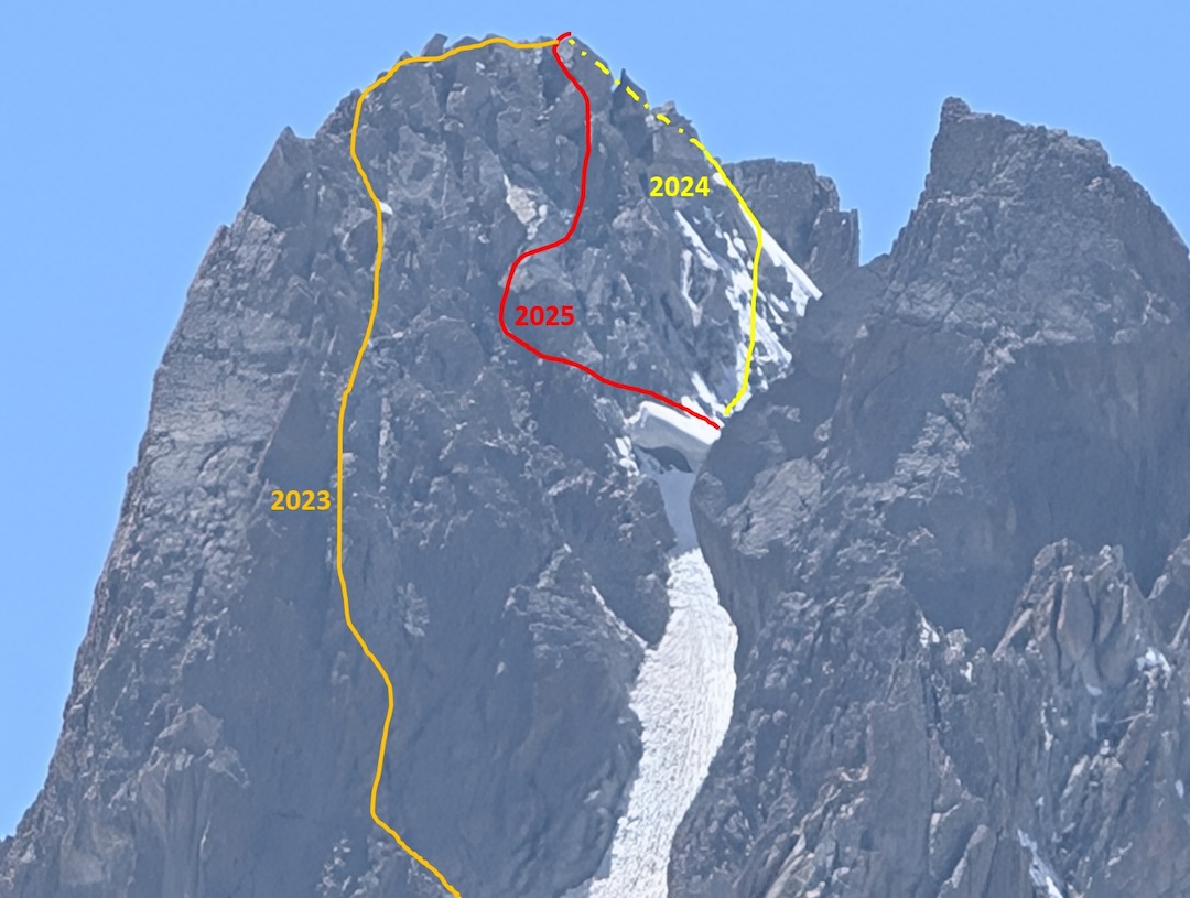 Alpomish (4,651m) from the northeast, showing the 2023 route (first ascent) on the left and the two variations to the northwest face on the right. The saddle where the two variations split was reached by a broad couloir on the northwest side. 