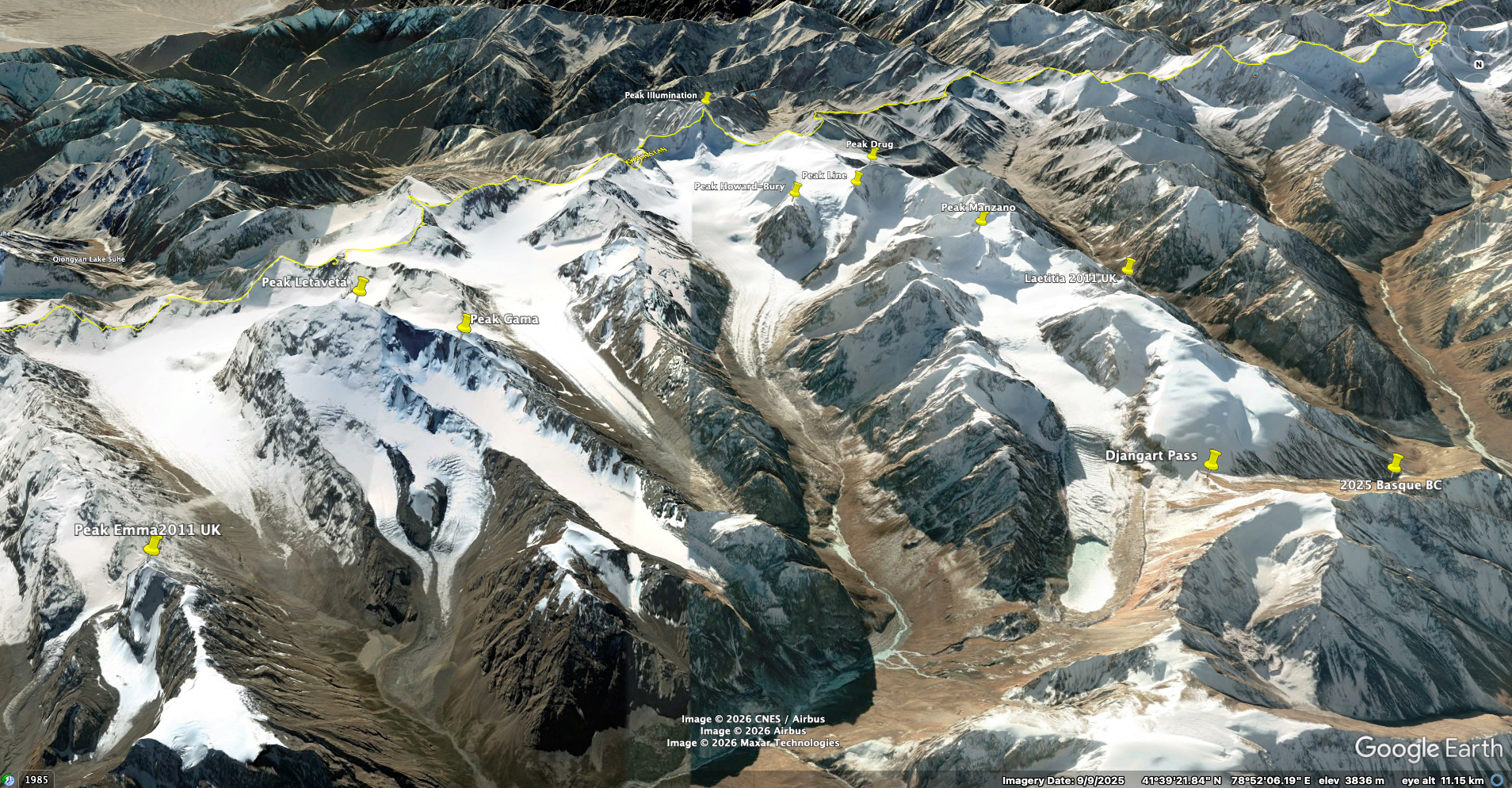 Annotated overview of the Djangart Range, looking south, with the peaks climbed in 2025. 