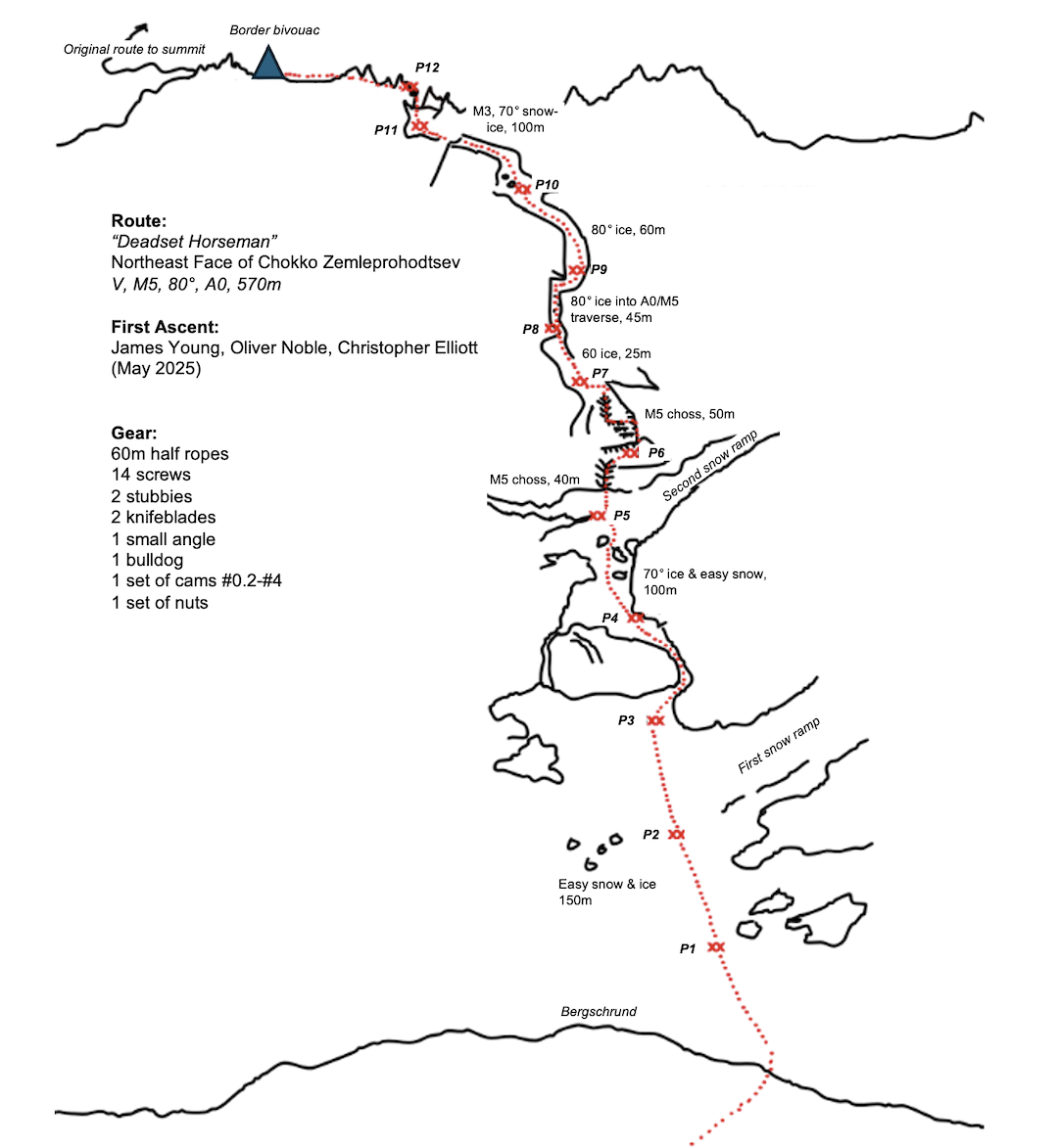 Topo of Deadset Horseman on the northeast face of Chokko Zemleprohodtsev. 