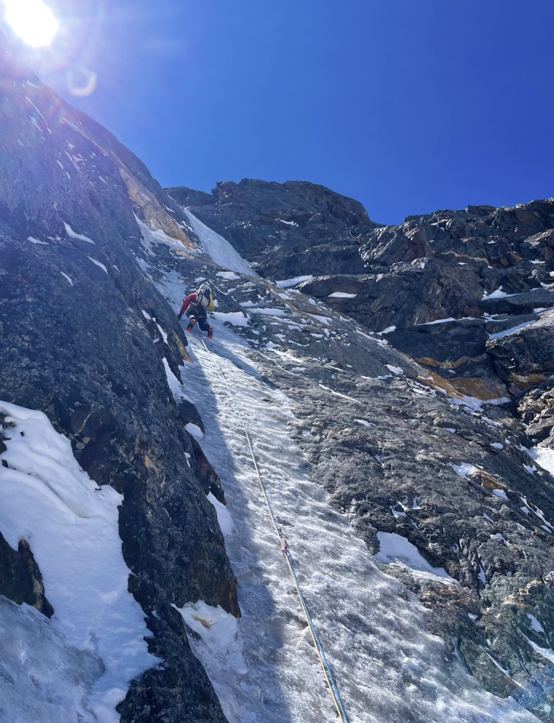 Climbing on the northeast face of Chokko Zemleprohodtsev. 